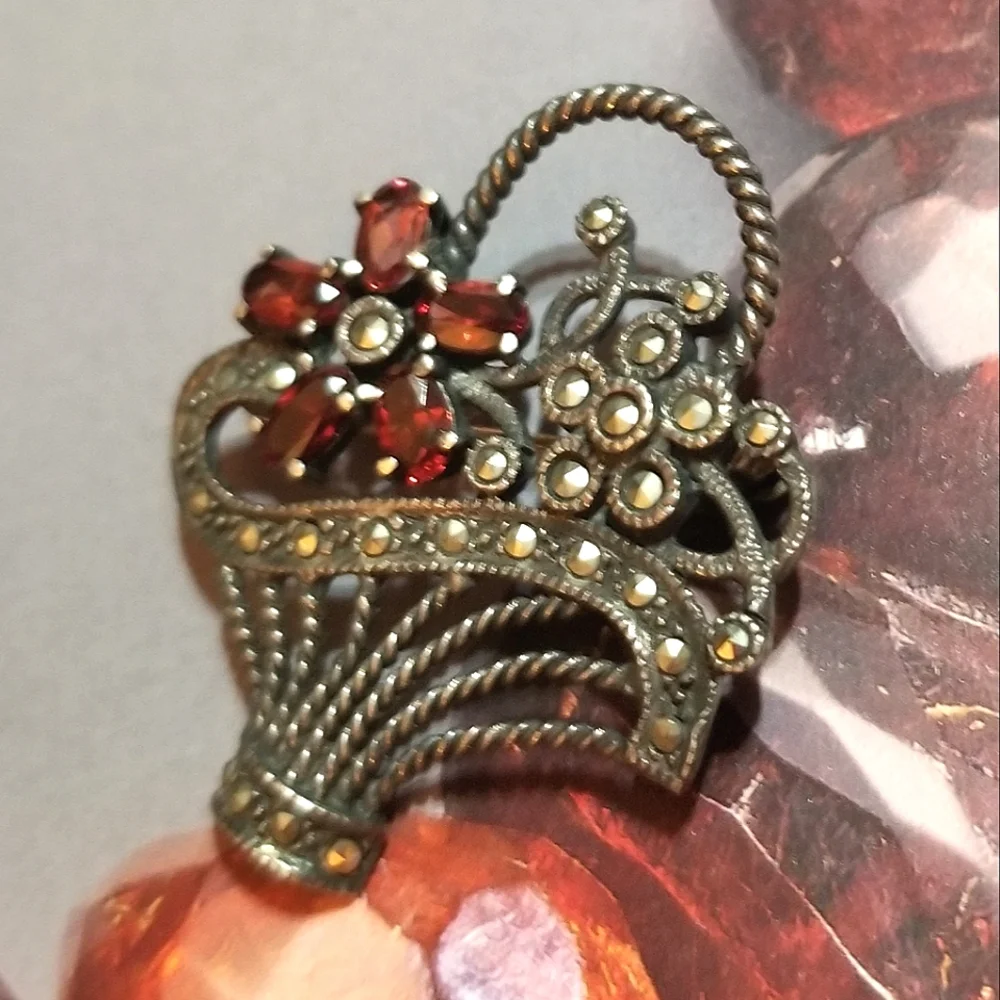 VTG GARNET Marcasite Sterling Basket Brooch - Picture 3 of 6